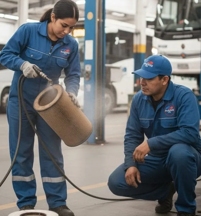 Técnicos revisando repuestos de motor en un taller.