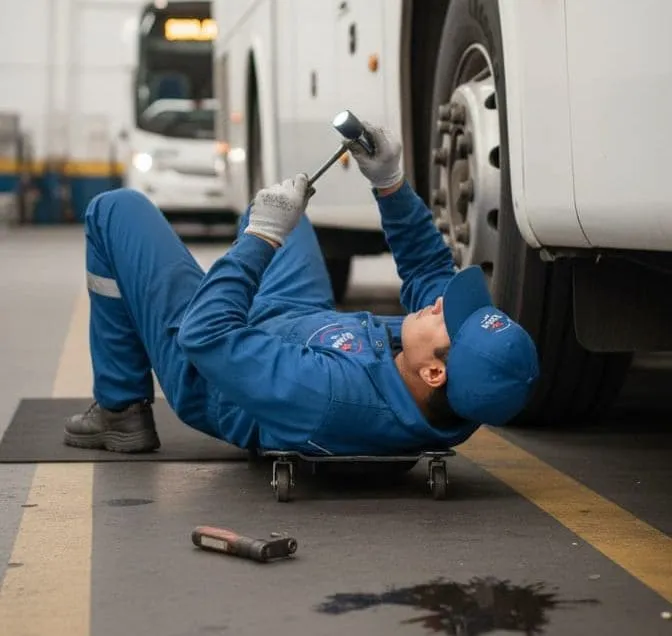 Mecánico aplicando lubricante durante el mantenimiento de un autobús.