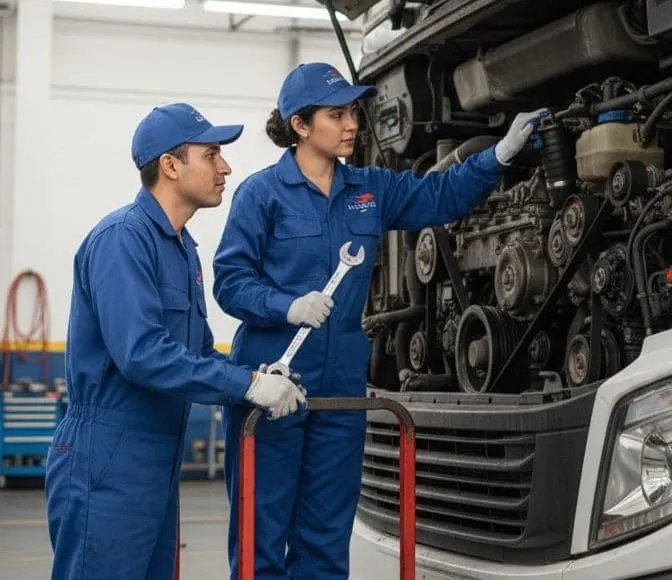 Dos expertos en servicio técnico trabajando en el motor de un camión.